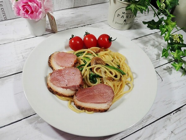 合鴨と水菜ときのこパスタ