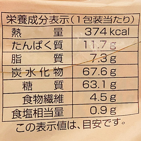カロリーは374kcal、糖質63.1g、食物繊維4.5g、たんぱく質11.7g、脂質7.3g、食塩相当量0.9gです！