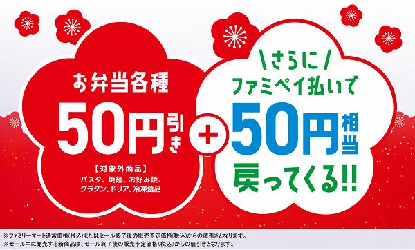 2022年12月26日（月）～12月29日（木）の期間中、ファミマのお弁当各種が50円引き※、さらにファミペイ払いなら50円相当が戻ってくる！