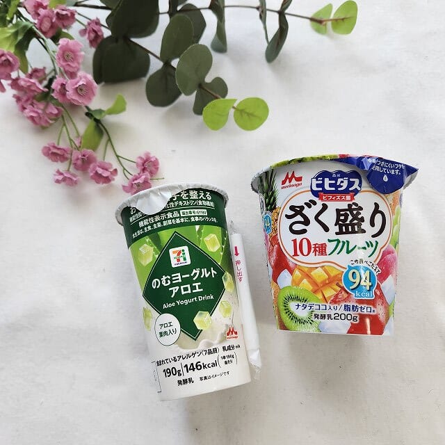 「7プレミアム のむヨーグルト アロエ 190g」「森永 ビヒダスヨーグルト ざく盛りフルーツ」