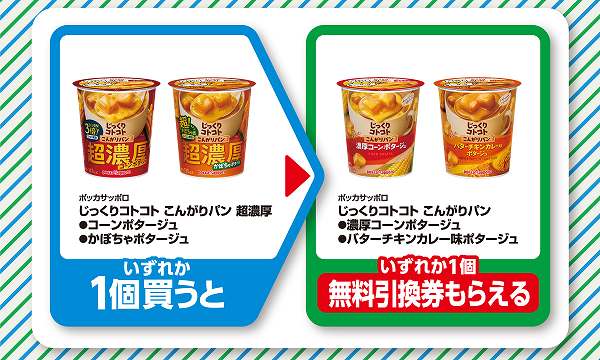 ポッカサッポロ　じっくりコトコト　こんがりパン　超濃厚　コーンポタージュ／かぼちゃポタージュ