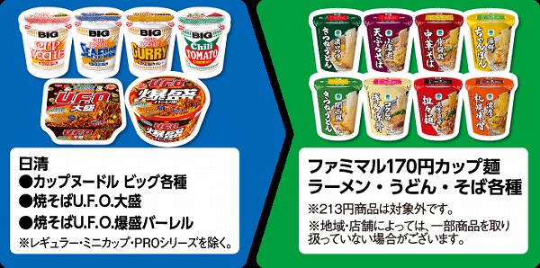 日清 カップヌードル ビッグ各種・焼そばU.F.O.大盛・焼そばU.F.O.爆盛バーレル ※レギュラー・ミニカップ・PROシリーズを除く。