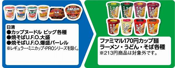 日清 カップヌードル ビッグ各種/焼そばU.F.O.大盛/焼そばU.F.O.爆盛バーレル ※レギュラー・ミニカップ・PROシリーズを除く。