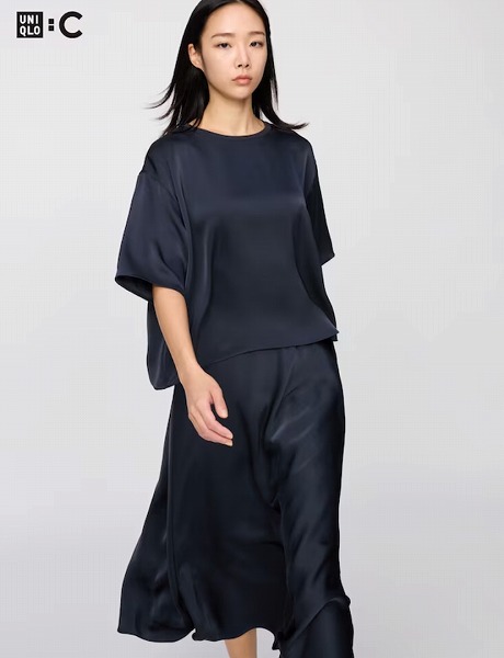 サテンオーバーサイズショートブラウス/5分袖