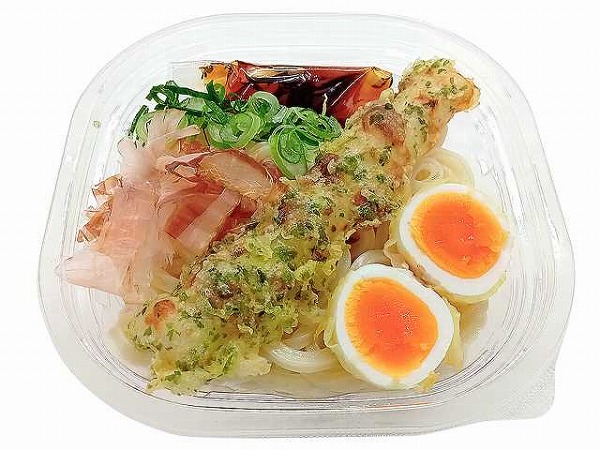 ちくわ磯辺天半熟玉子天の冷しぶっかけうどん